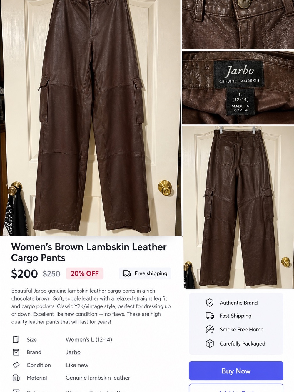 Jarbo Women's Brown Lambskin Wide-Leg Cargo Pants